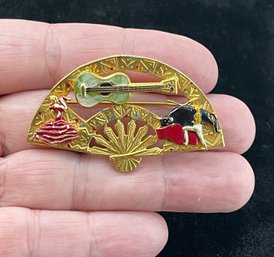 Vintage Spain Fan Pin Brooch, Applique Guitar, Bull Fighter, Spanish Dancer, Cold Painted, Great Shape