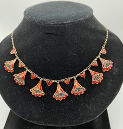 Antique Sterling Vermeil Filigree Link Necklace, Italy, Red Enamel Detailing, Very Pretty Design, Free Ship