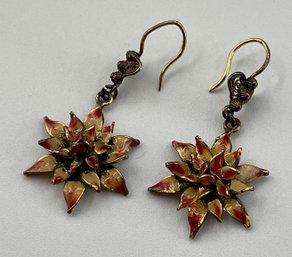 Vintage Sterling Silver Gold Wash Filigree Earrings, Italy, Chrysanthemums, Red Enamel, Pierced Wires