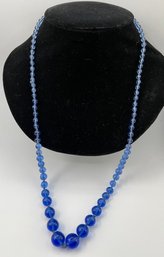 Antique Peking Glass Beads On Knotted Satin Cord, Blue Glass, Graduated, 30 Inches, No Mark. Free Ship.