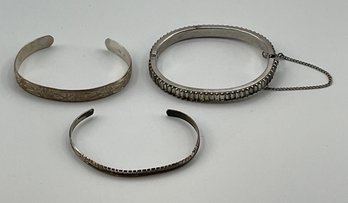 3 Vintage Bracelets -  Nice Rhinestone Hinge, Embossed Nouveau Cuff, Sterling Silver Cuff, Free Shipping