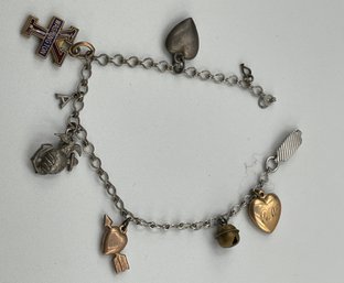 Antique Sterling Silver Charm Bracelet, Sweetheart Bracelet, Gold Filled Puffy Hearts, Navy, Washington