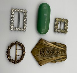 Antique Vintage 6 Buckle Lot, Some Vintage, Brass, Cut Steel, Bakelite, Mother Of Pearl Circle, Free Ship,