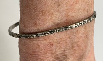 Vintage Sterling Silver Bangle Bracelet, Textured Pattern, Thin, 2 5/8 Inches, Slightly Bent, Free Shipping