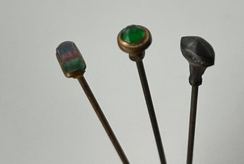 3 Antique Stick Pins, 6 Inches, Glass Stones, Tri-colored Stone, 1 Is Sterling Top, Oldies And Nice! Free Ship