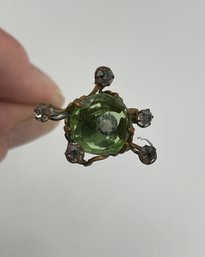 Antique Stick Pin, Green Glass, Prong Set Rhinestones, Fancy Gold Tone Setting, 4 1/2 Inches, Bent, Free Ship