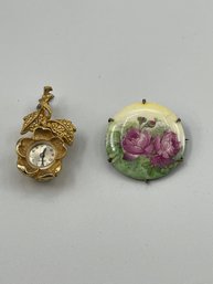 2 Vintage Jewelry Pieces, Flowers, Pendant Watch, Round Porcelain Pin, Roses, Free Shipping, 120 Lots