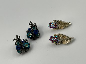 Vintage Clip On Earrings - Weiss, Coro, Blue Rhinestones, Aurora Borealis AB Stones, Free Ship, 120 Lots