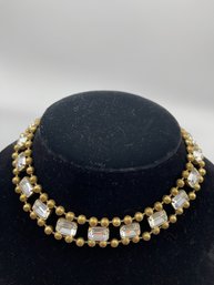 Vintage Bling! 18 Inch Chunky Rhinestone, Gold Washed Brass Beads Modernist Choker Necklace, Exc Condition