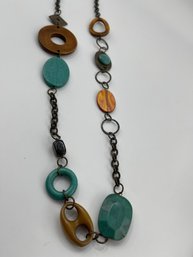 Newer Fashion Necklace, 36 Inches Long, Chunky Large Elements On A Bronze Colored Chain, Autumn Colors