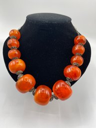 Vintage Faux Bakelite Amber Chunky Beads Necklace, Orange Translucent Beads With Silvertone Filigree End Caps