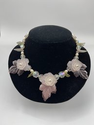 Fashion Necklace, Plastic Frosted Iridescent Beads, Leaves, Flower Necklace, Pinks, Whites, Faux Pearls