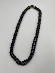 Vintage 22 Inch Black Faceted Glass Beads Mourning Necklace, Multi-strand, Prong Set Cabochon Clasp