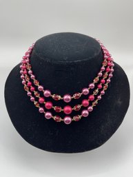 Vintage 60s Multi-strand Glass Faceted, Plastic Beads Necklace, Pinks, Mauves, Gold Tone, Japan