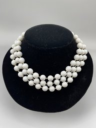Vintage White Milk Glass Multi-strand Necklace, 18 Inches Long, Strung On Knotted Cord, Nice Easy Clasp