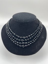 Vintage 18 Inch Multi-strand Black Glass Necklace, 4 Strands, Graduated, Faceted, Seed Beads, Silver Tone