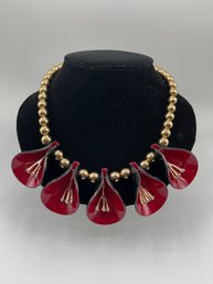 Vintage Fashion Necklace, Laminated Plastic/lucite Flowers, Rhinestone Centers, Gold Tone Beads, Statement
