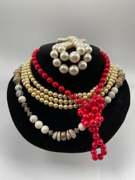 Lot Of 4 Vintage Plastic Necklaces, Long Faux Pearl Needs Repair,