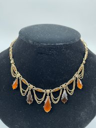 Vintage Gold Tone And Faux Amber Faceted Teardrop Pendant Bib 18 Inch Necklace, Chain Accents, Great Shape