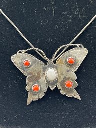 Old Vintage Sterling Silver Butterfly Pendant Necklace, Liquid Silver, Fire Opal, Coral Cabochons, Nat. Am?