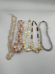 Vintage Lot Of 5 Shell Necklaces, Mother Of Pearl, Shell Chips, Tiny Whole Shells, Nice Variety
