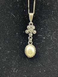 Vintage Sterling Silver, Faux Pearl Cabochon, Marcasite Pendant On 20 Inch Sterling Silver Chain