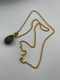 Joan Rivers Egg Pendant Necklace, Black Luster Faceted Rhinestones On Egg, Gold Tone, Marked W Tag