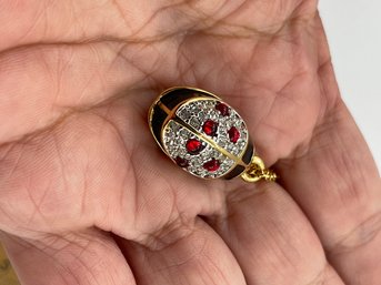 Joan Rivers Lady Bug Egg Pendant, Black Enamel, Clear Rhinestones, Red Dots, 2 Sided, Exc. Cond.