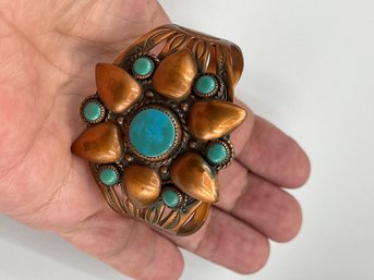 Vintage Bell Trading Co Southwest Cuff Bracelet, Copper With Faux Turquoise Cabochons, Stampings, Flower