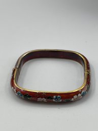 Vintage Square Cloissoine Hinged Bracelet, Red With Flowers, Not Marked, Looks Like Vermeil