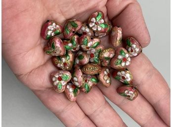 Vintage Metal Cloisonne Heart Beads With Wirework Pink Green White