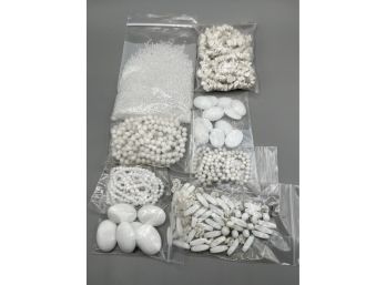 Large Lot White Glass Beads And Cabochons  In A Variety Of Shapes/sizes