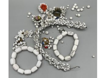 Vintage Milkglass Beads, Glass Red Flower Beads, Old Wirework Beading For Repurposing