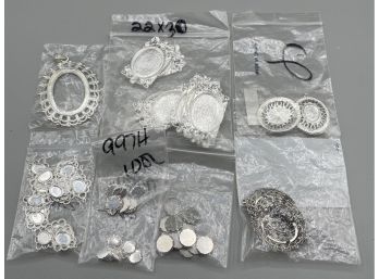 Large Lot Of Silver Tone Metal Pendant Settings Findings In Varying Shapes Sizes - Jewelry Making Supplies