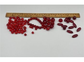Vintage Red Glass Beads And A Jello Mold Button, Ribbed, Swirl, Textured Variety Of Pressed Glass - All Red