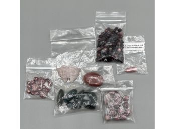 Vintage Lot Of Semi-precious Stones Rose Quartz, Striated Quartz, Prism, Beads, Cabochons