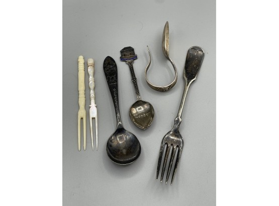Vintage Lot Of Utensils - Disneyland Spoon, Seafood Picks, Baby Spoon, London, Old Fork