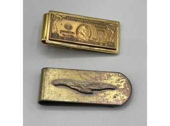 Lot Of 2 Money Clips - Brass Eagle And 100 Dollar Bill Clip With Hinged Back