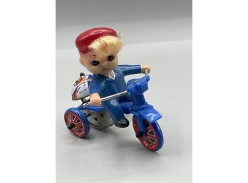 Vintage Tin Toy, Boy On Tricycle, Missing Balloon, Works,