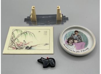 Vintage Odd Lot - JFK Trinket Dish, Chrome Mid Century Card Holder?, Japanese Plaque, Plastic Bear Fetish