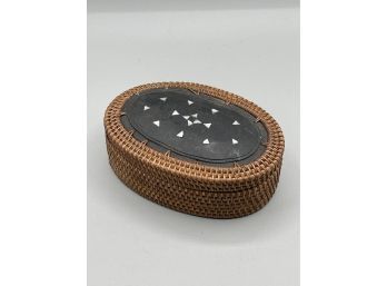 Woven Basket Box With Ebony Top, Inlaid MOP Design