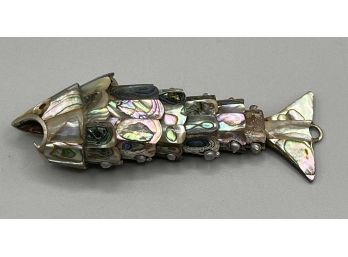 Vintage Silver Tone Metal And Abalone Shell Articulated Fish Bottle Opener - 2 Missing Scales