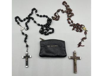 2 Old Rosaries And Leather Rosary Pouch - Some Damage On One Crucifix