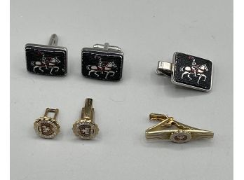 2 Sets Of Cuff Links And Tie Clasps.  Knights In Armour, Foreign Language