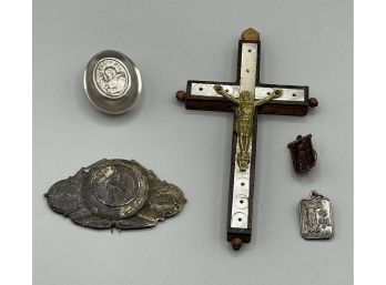 Lot Of Old To New Religious Items -  Large Crucifix From Jerusalem, Charms, Car Shield, Pocket Stone