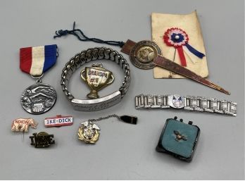 Patriotic Vintage  Lot - Soldier Id, Political Pins Nixon Ike , Unusual Military Medal, DoA Bracelet