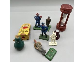 Odd Lot Of Vintage Toys - Soldiers, Egg Timer, Original Crayon Sharpener, Peep Toy