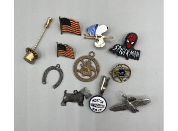 Nice Lot Of Vintage Charms, Pins, Advertising Pieces, Morton Salt, Budweiser, Snoopy