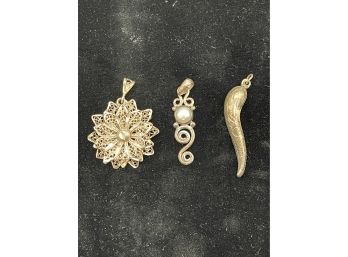 3 Vintage Sterling Silver, 925 Pendants - Filigree Flower, Etched Horn, MOP Scroll Pendant - All Marked