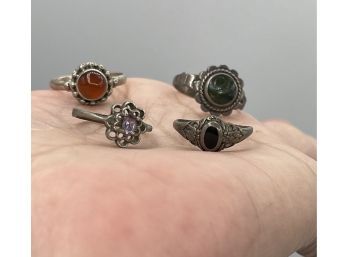 4 Vintage Rings - Sterling Silver - Onyx, Amber, Amethyst
